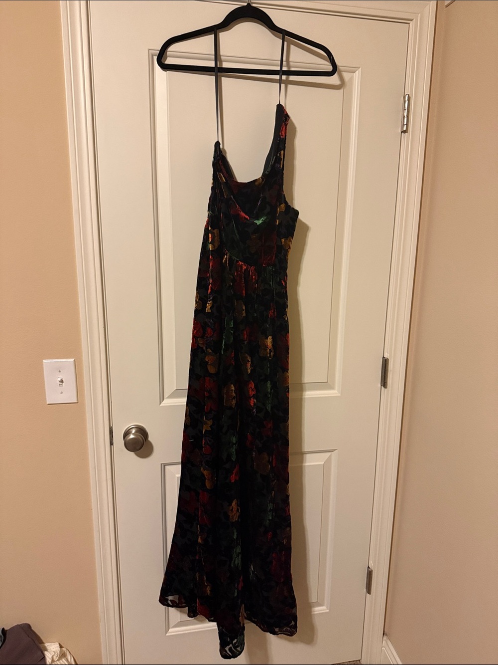 Hutch Black Velvet One Shoulder Floral Jumpsuit